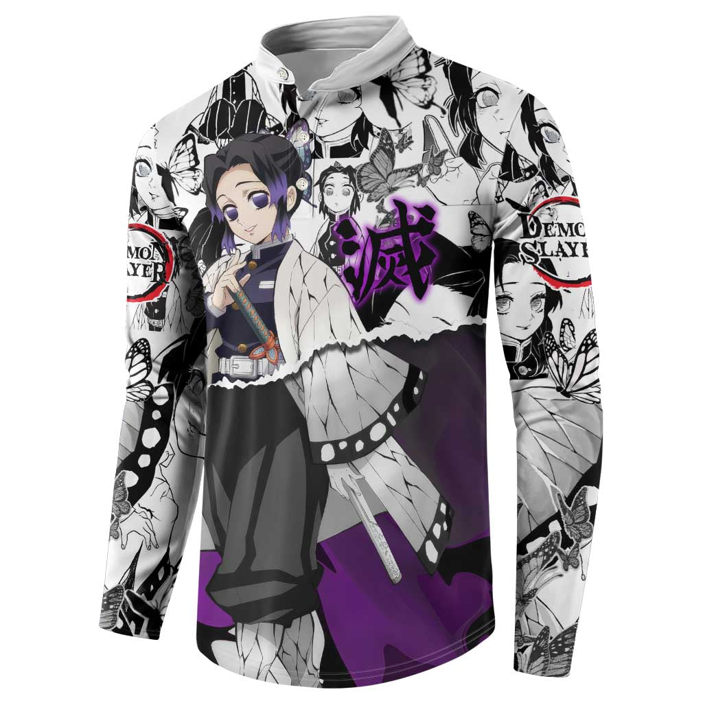 Shinobu Kocho Demon Slayer Butterfly Theme Button Sweatshirt with Purple Accents and Manga Collage Design - The Mazicc