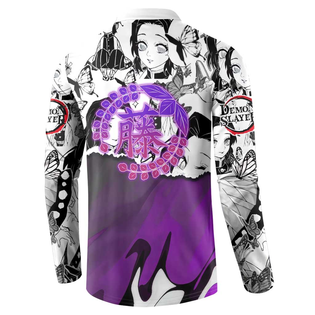 Shinobu Kocho Demon Slayer Butterfly Theme Button Sweatshirt with Purple Accents and Manga Collage Design - The Mazicc