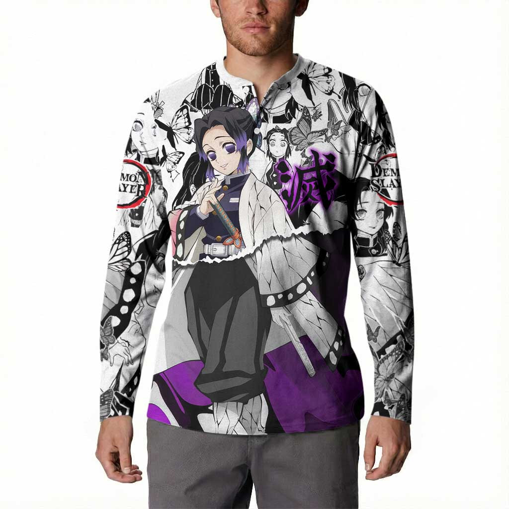Shinobu Kocho Demon Slayer Butterfly Theme Button Sweatshirt with Purple Accents and Manga Collage Design - The Mazicc