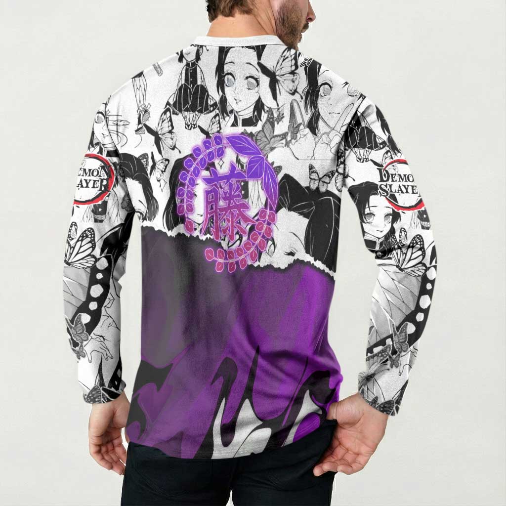 Shinobu Kocho Demon Slayer Butterfly Theme Button Sweatshirt with Purple Accents and Manga Collage Design - The Mazicc