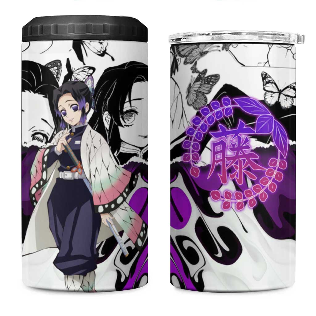Shinobu Kocho Demon Slayer Butterfly Theme 4 in 1 Can Cooler Tumbler with Purple Accents and Manga Collage Design - The Mazicc