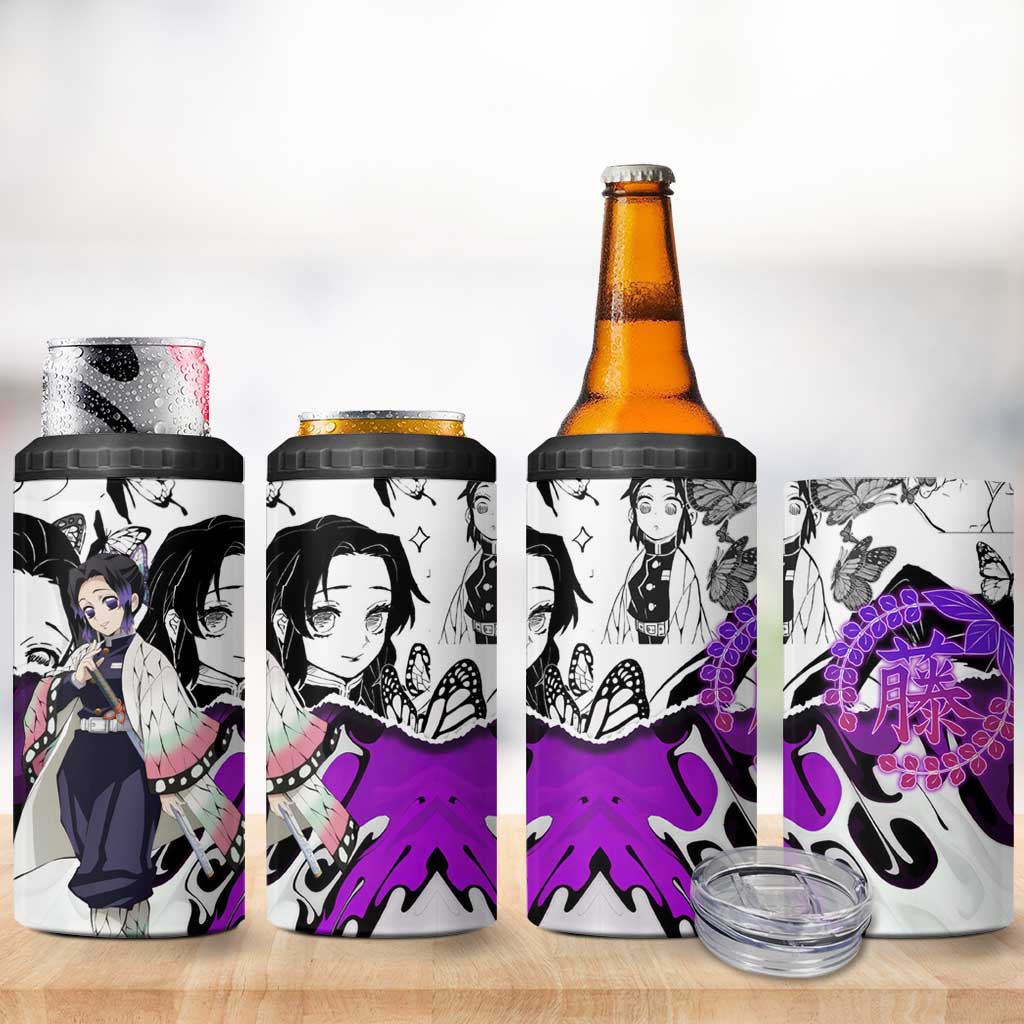 Shinobu Kocho Demon Slayer Butterfly Theme 4 in 1 Can Cooler Tumbler with Purple Accents and Manga Collage Design - The Mazicc