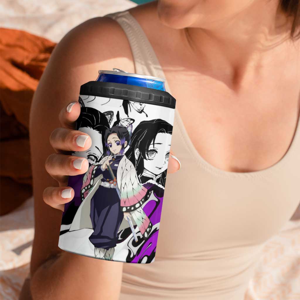 Shinobu Kocho Demon Slayer Butterfly Theme 4 in 1 Can Cooler Tumbler with Purple Accents and Manga Collage Design - The Mazicc