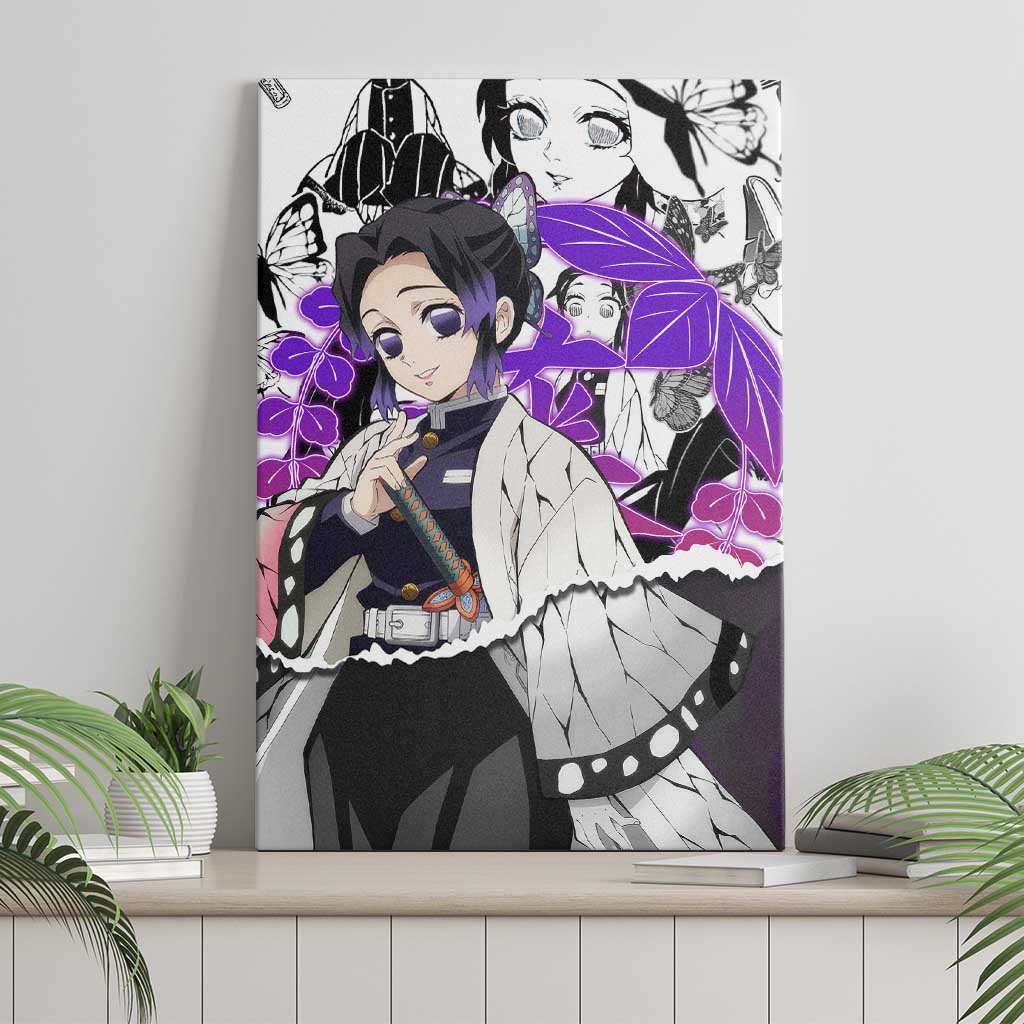 Shinobu Kocho Demon Slayer Butterfly Theme Canvas Wall Art with Purple Accents and Manga Collage Design - The Mazicc