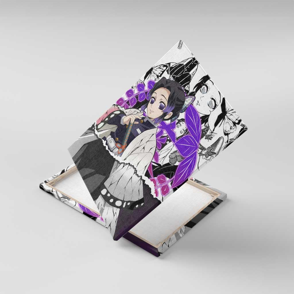 Shinobu Kocho Demon Slayer Butterfly Theme Canvas Wall Art with Purple Accents and Manga Collage Design - The Mazicc