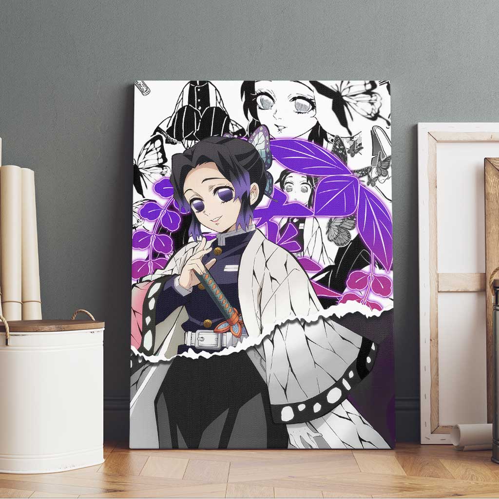Shinobu Kocho Demon Slayer Butterfly Theme Canvas Wall Art with Purple Accents and Manga Collage Design - The Mazicc