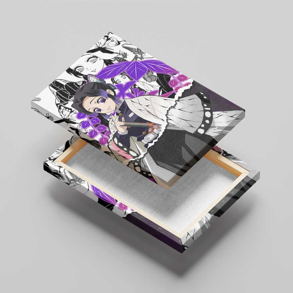 Shinobu Kocho Demon Slayer Butterfly Theme Canvas Wall Art with Purple Accents and Manga Collage Design - The Mazicc