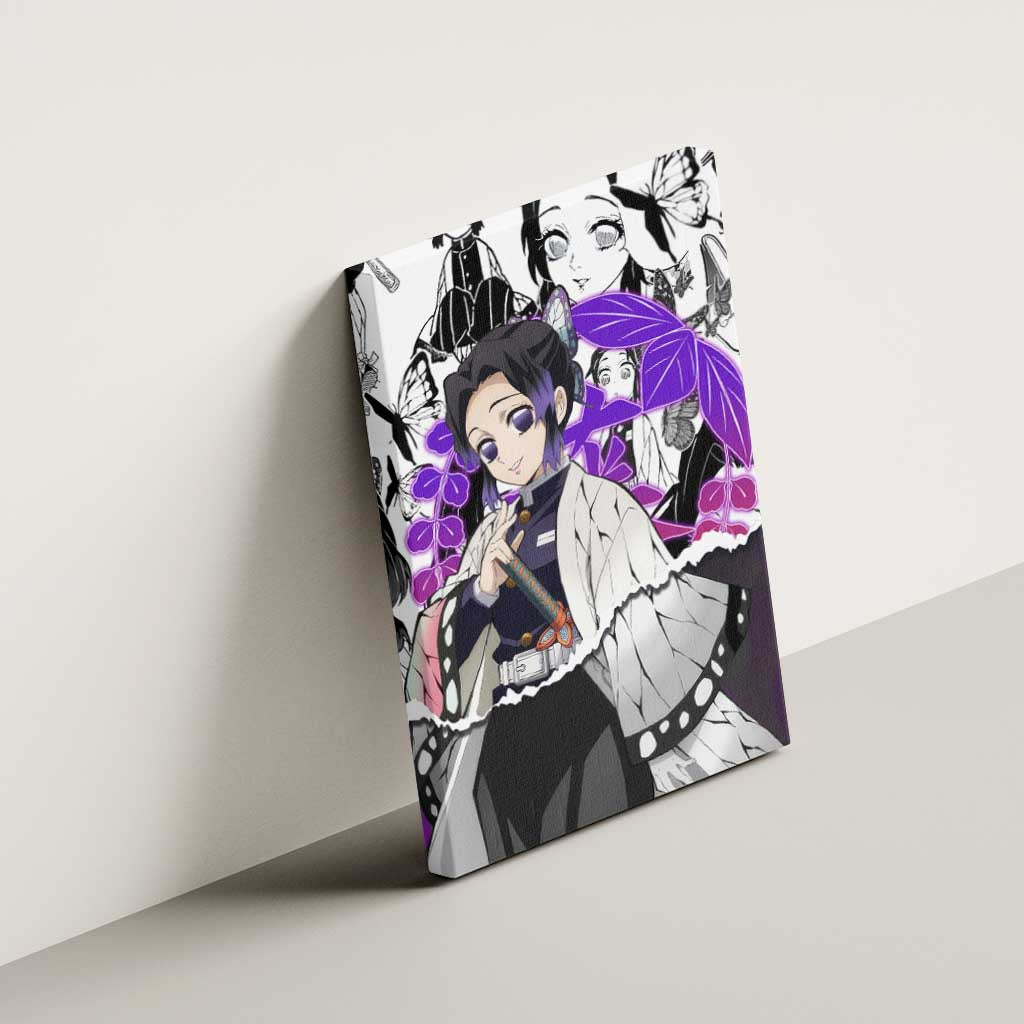 Shinobu Kocho Demon Slayer Butterfly Theme Canvas Wall Art with Purple Accents and Manga Collage Design - The Mazicc