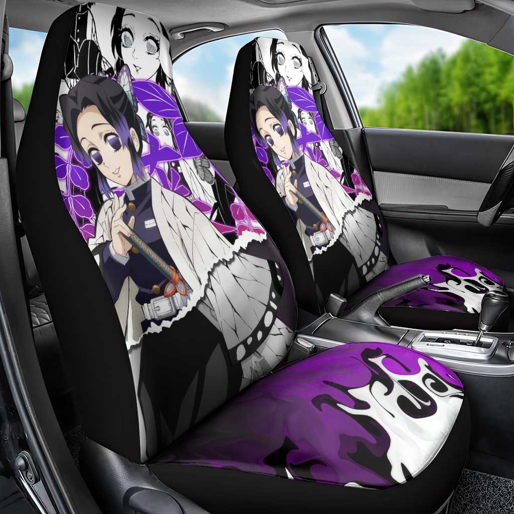 Shinobu Kocho Demon Slayer Butterfly Theme Car Seat Cover with Purple Accents and Manga Collage Design - The Mazicc