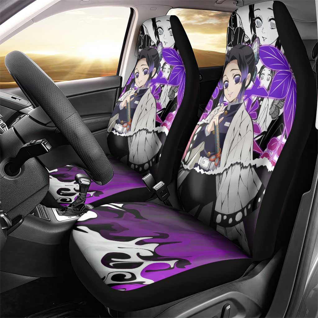 Shinobu Kocho Demon Slayer Butterfly Theme Car Seat Cover with Purple Accents and Manga Collage Design - The Mazicc