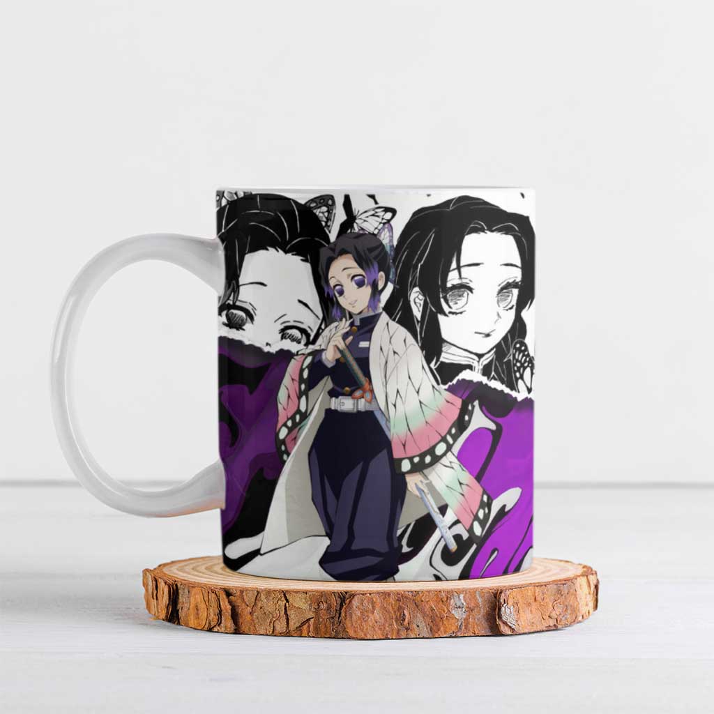 Shinobu Kocho Demon Slayer Butterfly Theme Ceramic Mug with Purple Accents and Manga Collage Design - The Mazicc