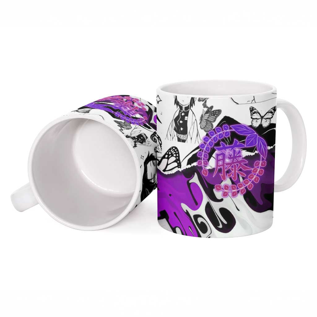 Shinobu Kocho Demon Slayer Butterfly Theme Ceramic Mug with Purple Accents and Manga Collage Design - The Mazicc