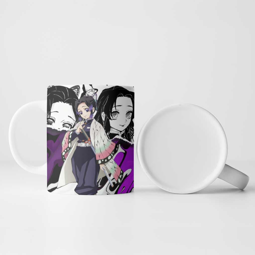 Shinobu Kocho Demon Slayer Butterfly Theme Ceramic Mug with Purple Accents and Manga Collage Design - The Mazicc