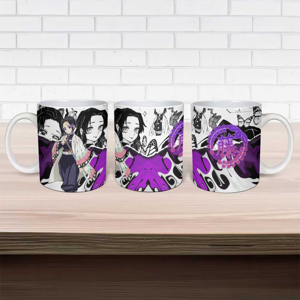 Shinobu Kocho Demon Slayer Butterfly Theme Ceramic Mug with Purple Accents and Manga Collage Design - The Mazicc