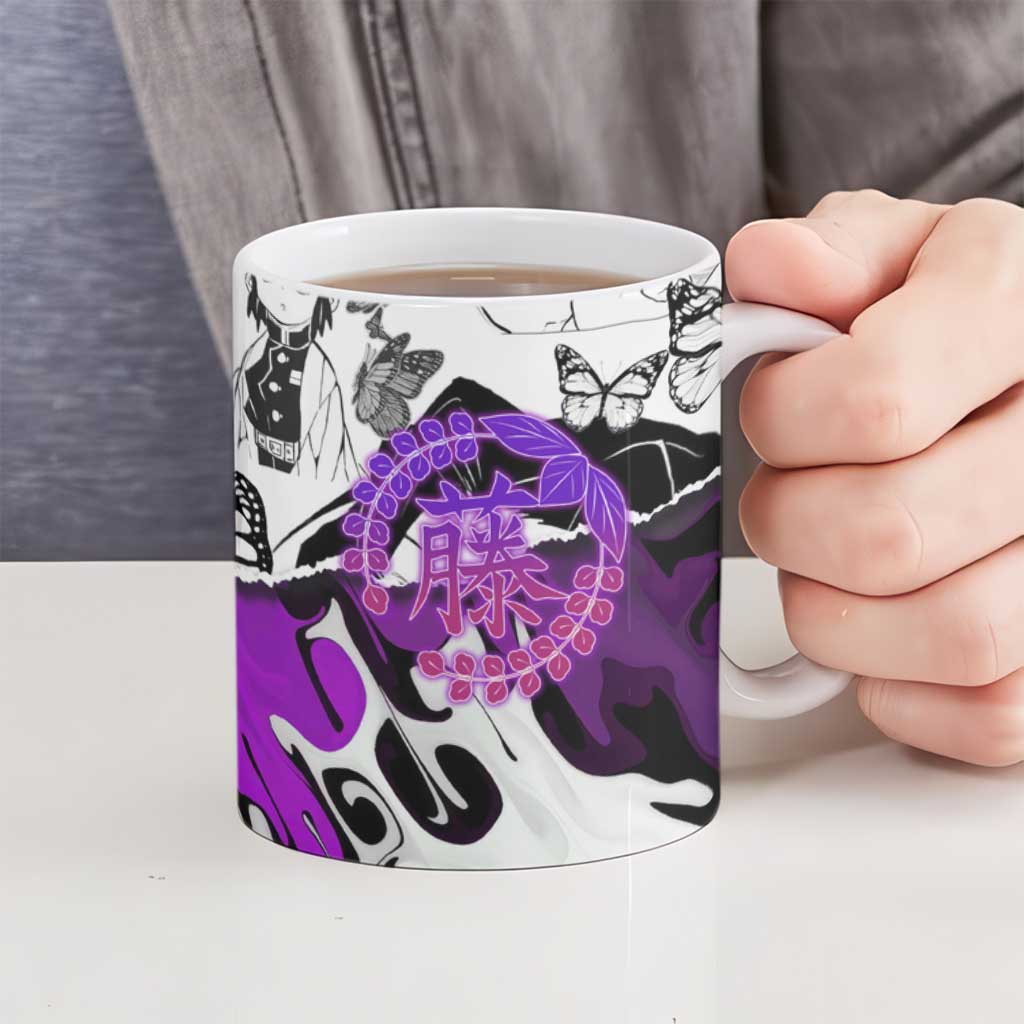 Shinobu Kocho Demon Slayer Butterfly Theme Ceramic Mug with Purple Accents and Manga Collage Design - The Mazicc
