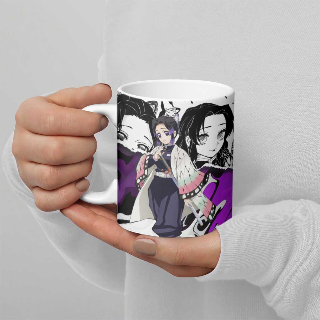 Shinobu Kocho Demon Slayer Butterfly Theme Ceramic Mug with Purple Accents and Manga Collage Design - The Mazicc