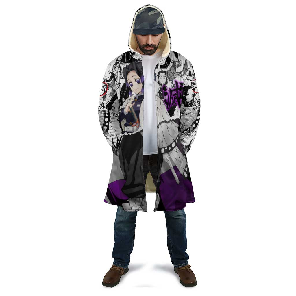 Shinobu Kocho Demon Slayer Butterfly Theme Cloak with Purple Accents and Manga Collage Design - The Mazicc