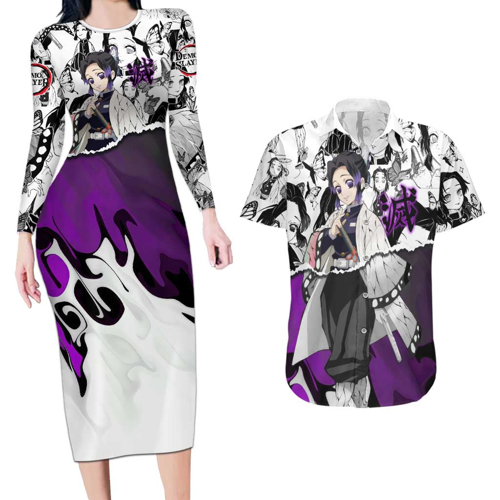 Shinobu Kocho Demon Slayer Butterfly Theme Couples Matching Long Sleeve Bodycon Dress and Hawaiian Shirt with Purple Accents and Manga Collage Design - The Mazicc