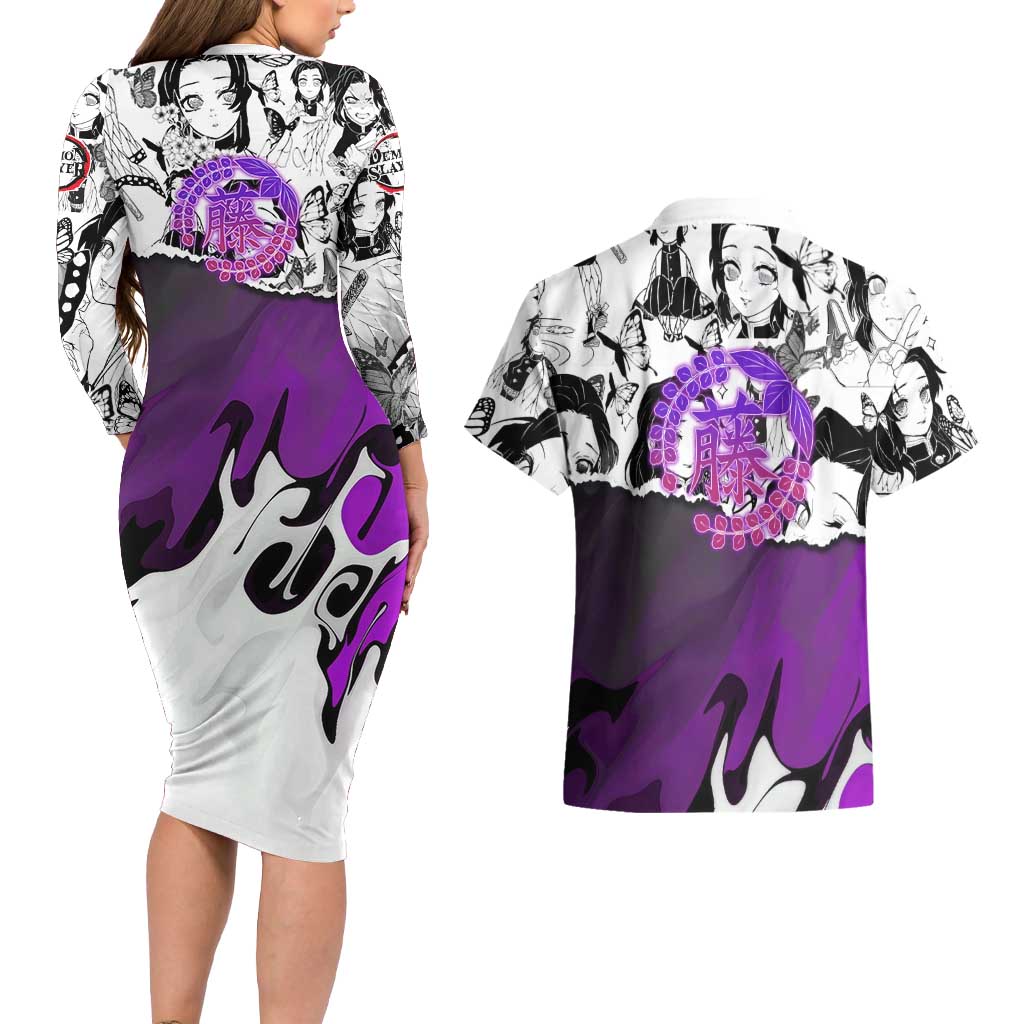Shinobu Kocho Demon Slayer Butterfly Theme Couples Matching Long Sleeve Bodycon Dress and Hawaiian Shirt with Purple Accents and Manga Collage Design - The Mazicc
