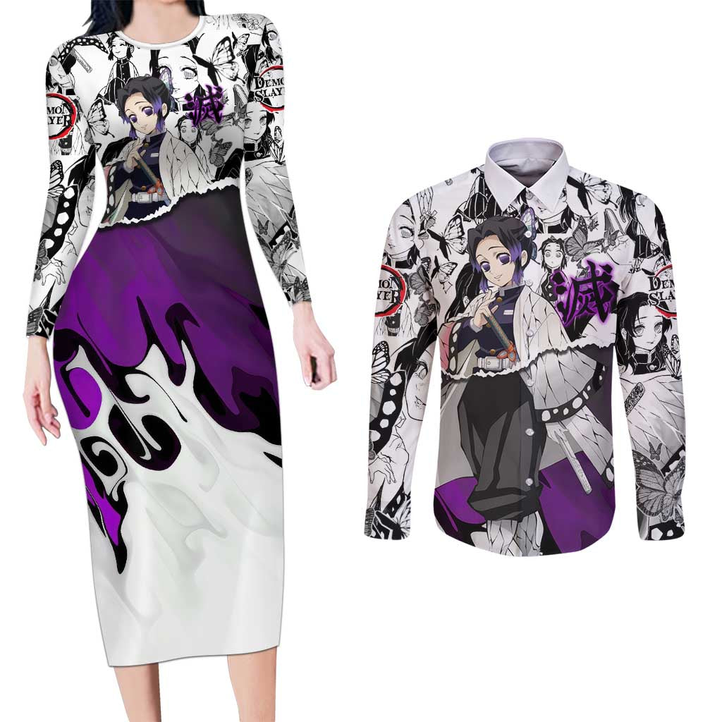 Shinobu Kocho Demon Slayer Butterfly Theme Couples Matching Long Sleeve Bodycon Dress and Long Sleeve Button Shirt with Purple Accents and Manga Collage Design - The Mazicc