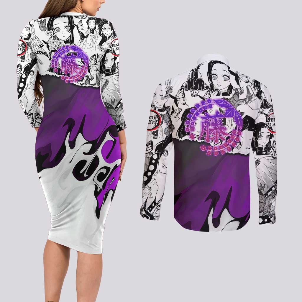 Shinobu Kocho Demon Slayer Butterfly Theme Couples Matching Long Sleeve Bodycon Dress and Long Sleeve Button Shirt with Purple Accents and Manga Collage Design - The Mazicc