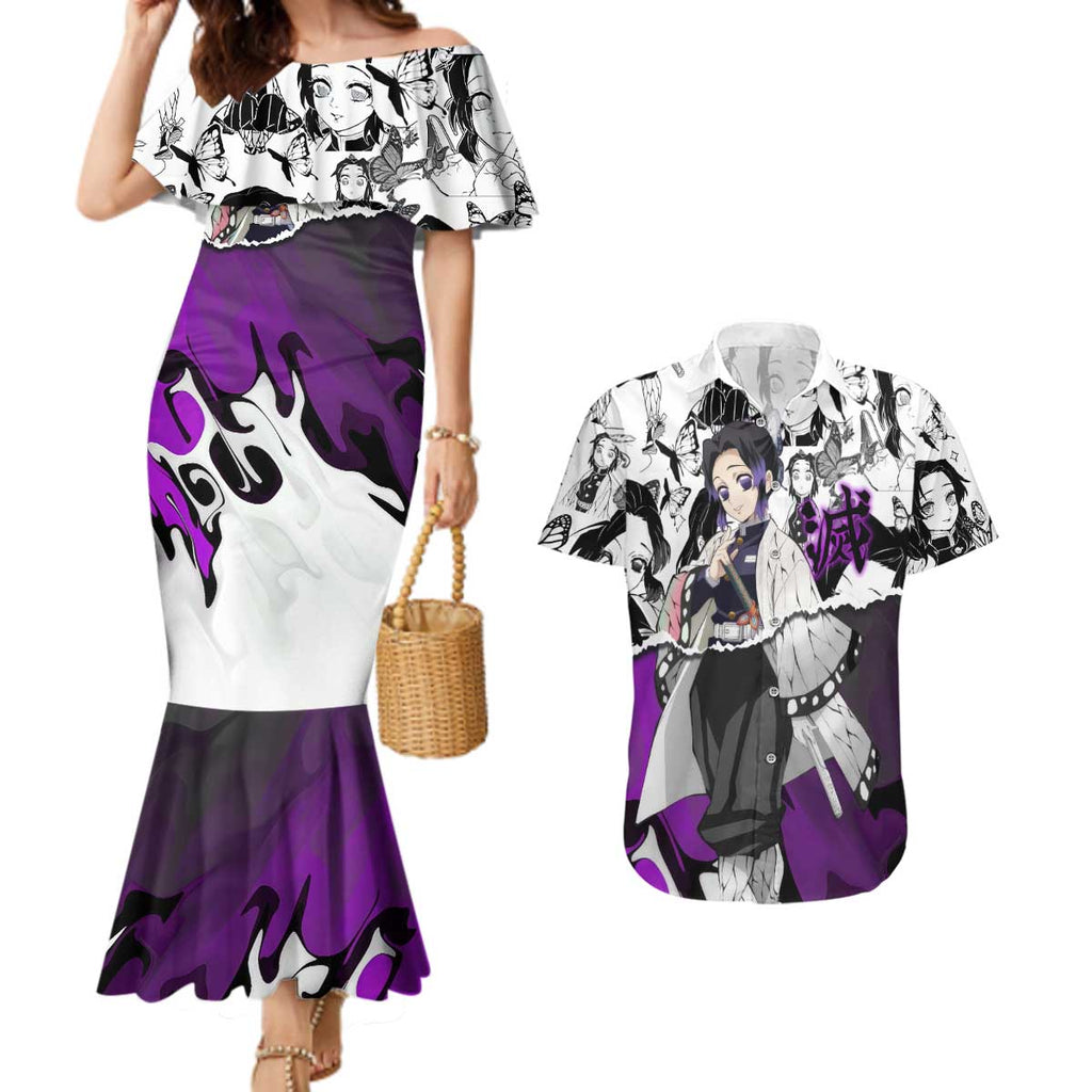 Shinobu Kocho Demon Slayer Butterfly Theme Couples Matching Mermaid Dress and Hawaiian Shirt with Purple Accents and Manga Collage Design - The Mazicc