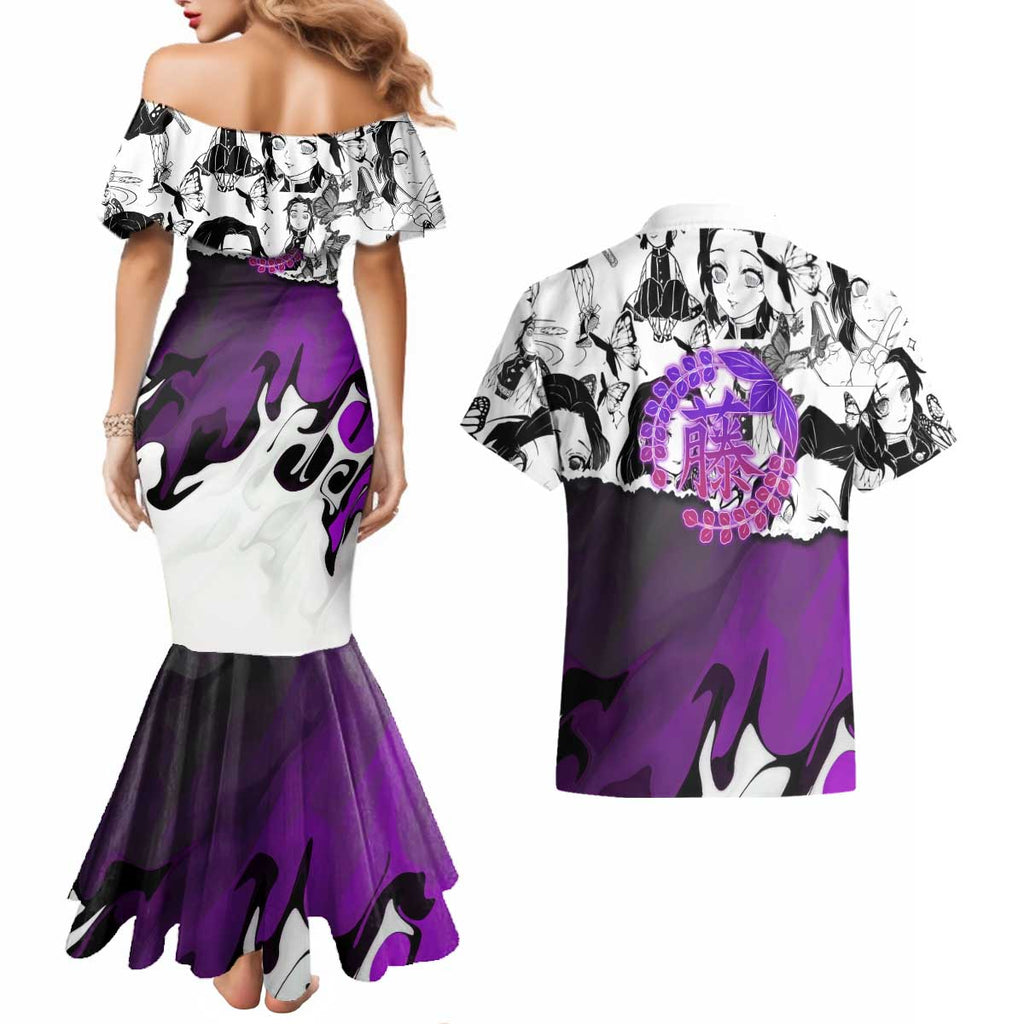 Shinobu Kocho Demon Slayer Butterfly Theme Couples Matching Mermaid Dress and Hawaiian Shirt with Purple Accents and Manga Collage Design - The Mazicc