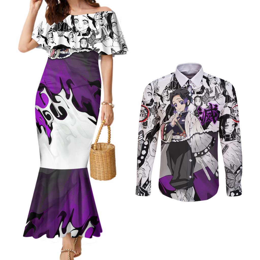 Shinobu Kocho Demon Slayer Butterfly Theme Couples Matching Mermaid Dress and Long Sleeve Button Shirt with Purple Accents and Manga Collage Design - The Mazicc
