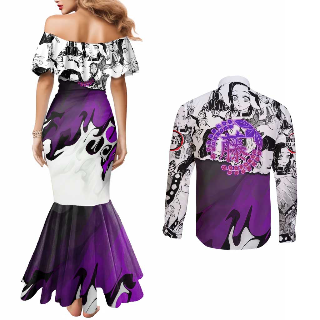 Shinobu Kocho Demon Slayer Butterfly Theme Couples Matching Mermaid Dress and Long Sleeve Button Shirt with Purple Accents and Manga Collage Design - The Mazicc