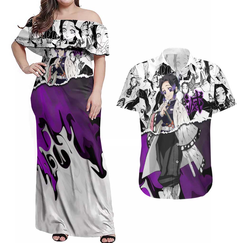 Shinobu Kocho Demon Slayer Butterfly Theme Couples Matching Off Shoulder Maxi Dress and Hawaiian Shirt with Purple Accents and Manga Collage Design - The Mazicc