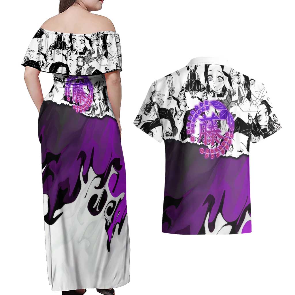 Shinobu Kocho Demon Slayer Butterfly Theme Couples Matching Off Shoulder Maxi Dress and Hawaiian Shirt with Purple Accents and Manga Collage Design - The Mazicc