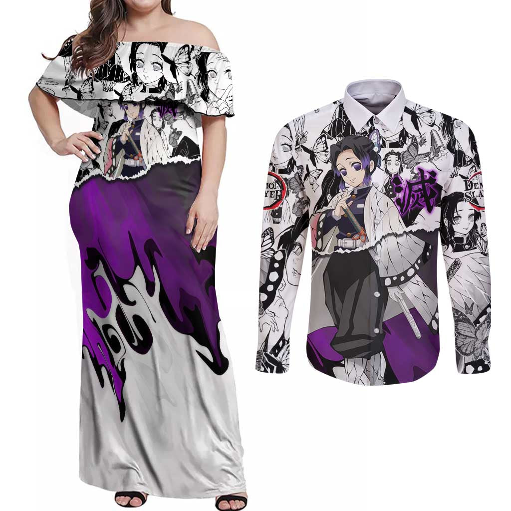 Shinobu Kocho Demon Slayer Butterfly Theme Couples Matching Off Shoulder Maxi Dress and Long Sleeve Button Shirt with Purple Accents and Manga Collage Design - The Mazicc