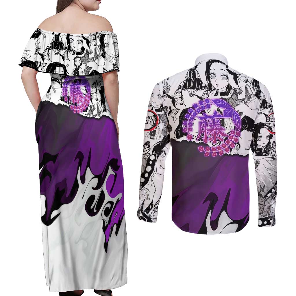 Shinobu Kocho Demon Slayer Butterfly Theme Couples Matching Off Shoulder Maxi Dress and Long Sleeve Button Shirt with Purple Accents and Manga Collage Design - The Mazicc