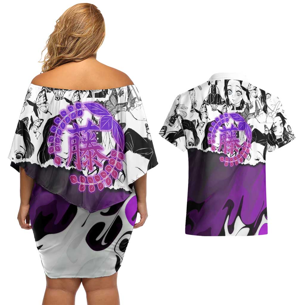 Shinobu Kocho Demon Slayer Butterfly Theme Couples Matching Off Shoulder Short Dress and Hawaiian Shirt with Purple Accents and Manga Collage Design - The Mazicc