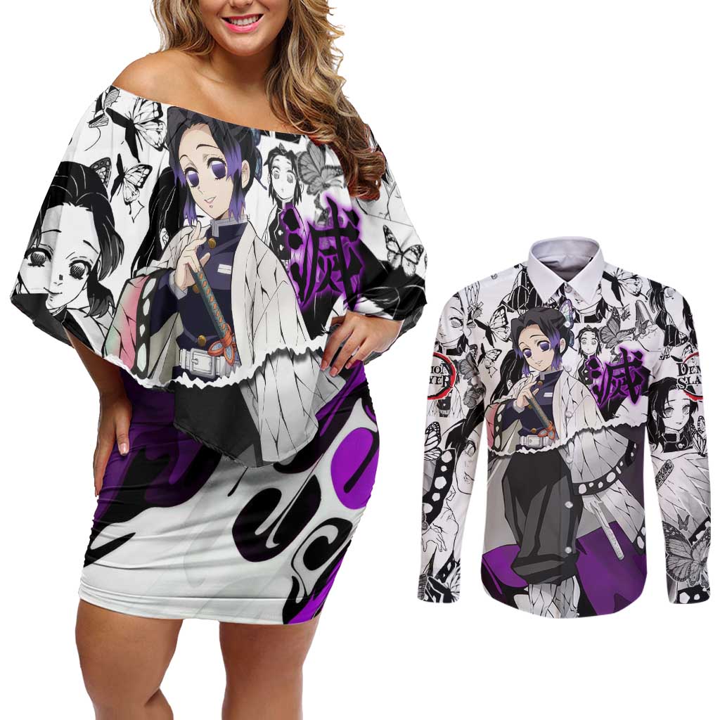 Shinobu Kocho Demon Slayer Butterfly Theme Couples Matching Off Shoulder Short Dress and Long Sleeve Button Shirt with Purple Accents and Manga Collage Design - The Mazicc