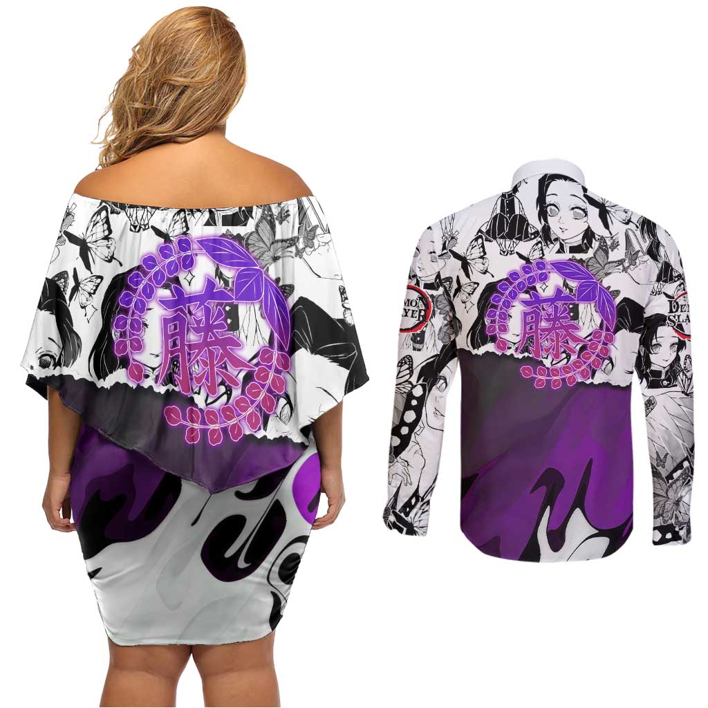 Shinobu Kocho Demon Slayer Butterfly Theme Couples Matching Off Shoulder Short Dress and Long Sleeve Button Shirt with Purple Accents and Manga Collage Design - The Mazicc
