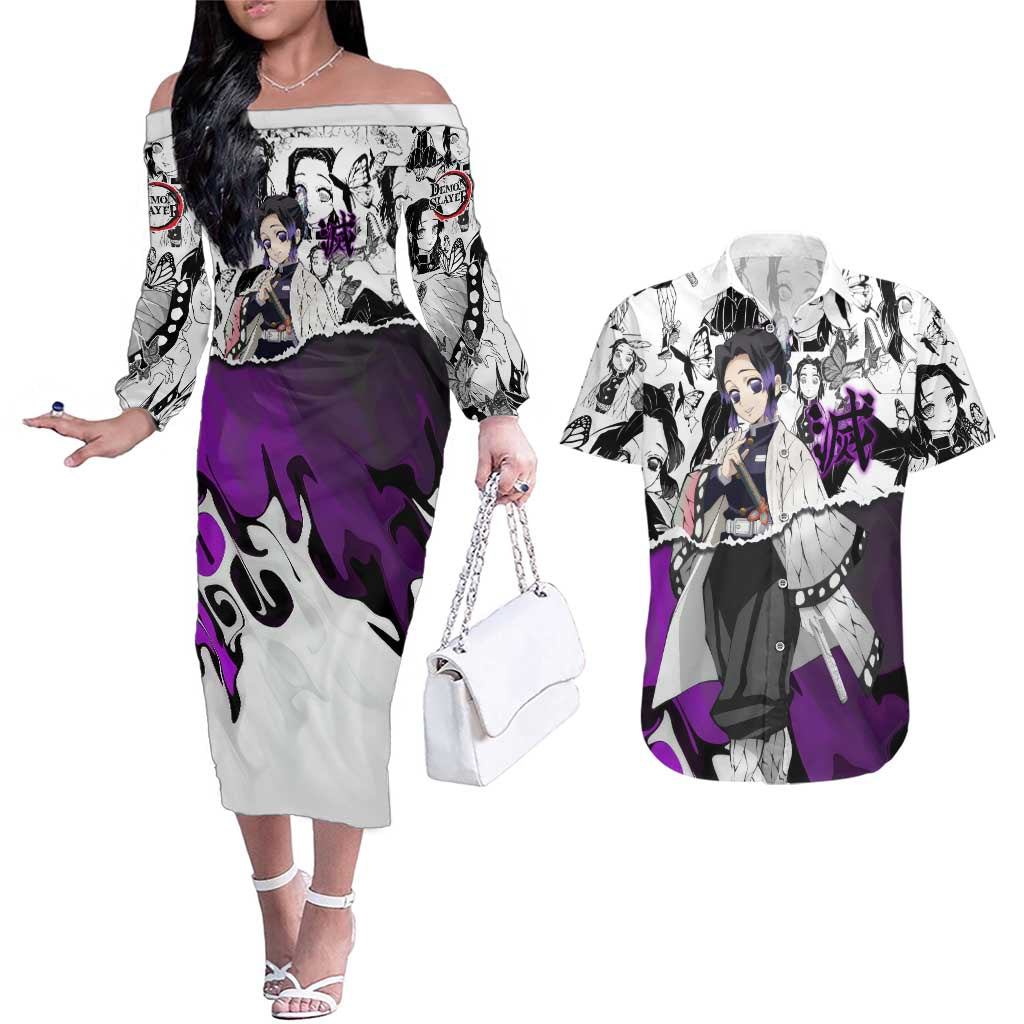 Shinobu Kocho Demon Slayer Butterfly Theme Couples Matching Off The Shoulder Long Sleeve Dress and Hawaiian Shirt with Purple Accents and Manga Collage Design - The Mazicc