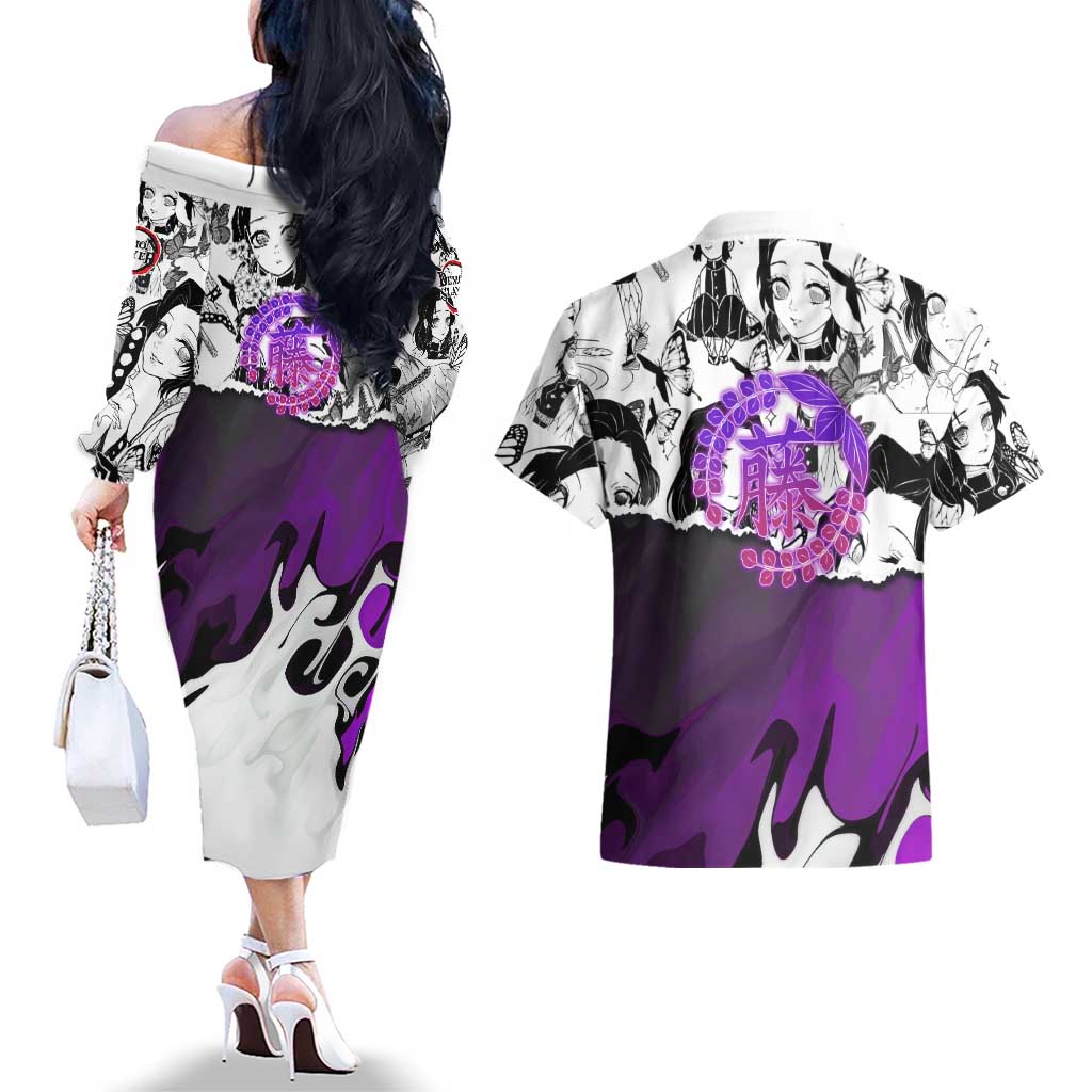 Shinobu Kocho Demon Slayer Butterfly Theme Couples Matching Off The Shoulder Long Sleeve Dress and Hawaiian Shirt with Purple Accents and Manga Collage Design - The Mazicc