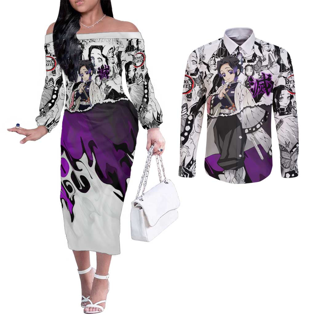 Shinobu Kocho Demon Slayer Butterfly Theme Couples Matching Off The Shoulder Long Sleeve Dress and Long Sleeve Button Shirt with Purple Accents and Manga Collage Design - The Mazicc