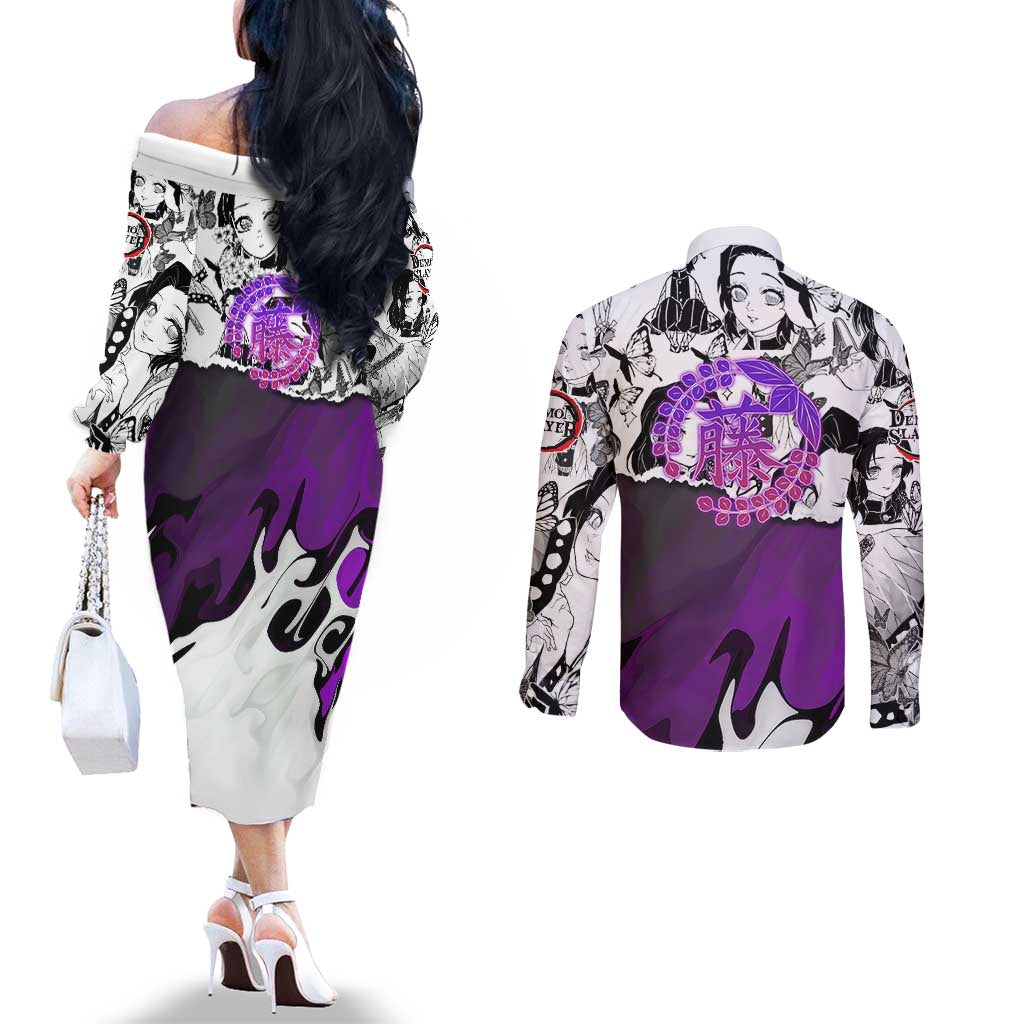 Shinobu Kocho Demon Slayer Butterfly Theme Couples Matching Off The Shoulder Long Sleeve Dress and Long Sleeve Button Shirt with Purple Accents and Manga Collage Design - The Mazicc