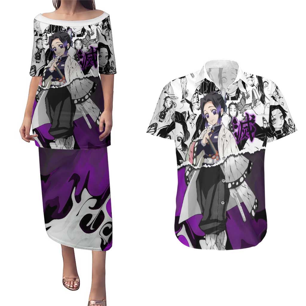 Shinobu Kocho Demon Slayer Butterfly Theme Couples Matching Puletasi and Hawaiian Shirt with Purple Accents and Manga Collage Design - The Mazicc