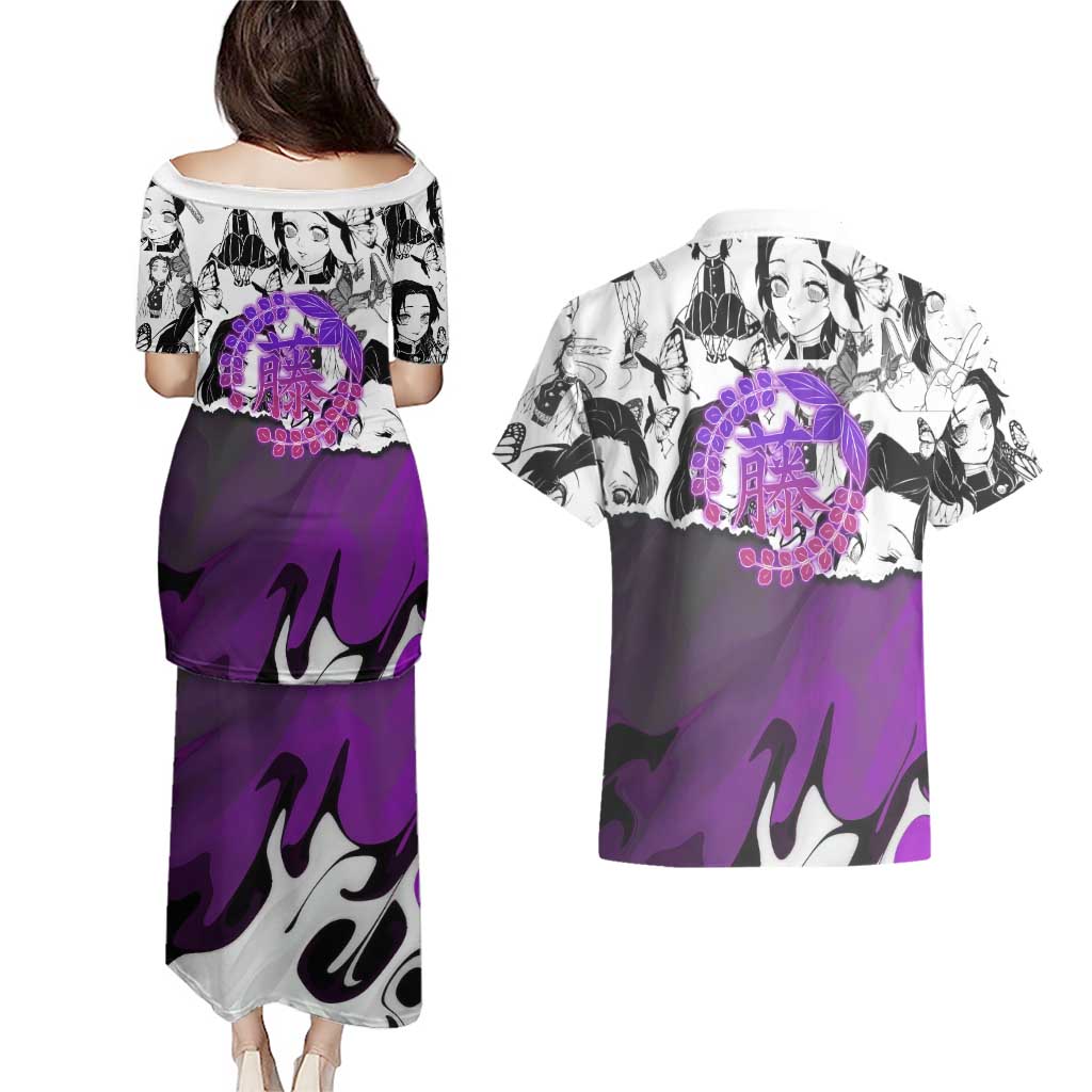 Shinobu Kocho Demon Slayer Butterfly Theme Couples Matching Puletasi and Hawaiian Shirt with Purple Accents and Manga Collage Design - The Mazicc