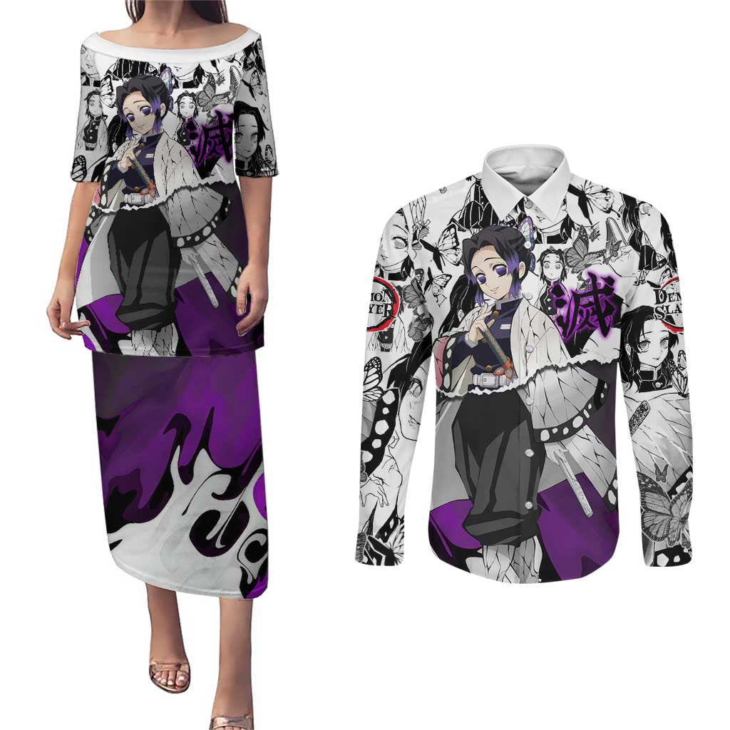 Shinobu Kocho Demon Slayer Butterfly Theme Couples Matching Puletasi and Long Sleeve Button Shirt with Purple Accents and Manga Collage Design - The Mazicc