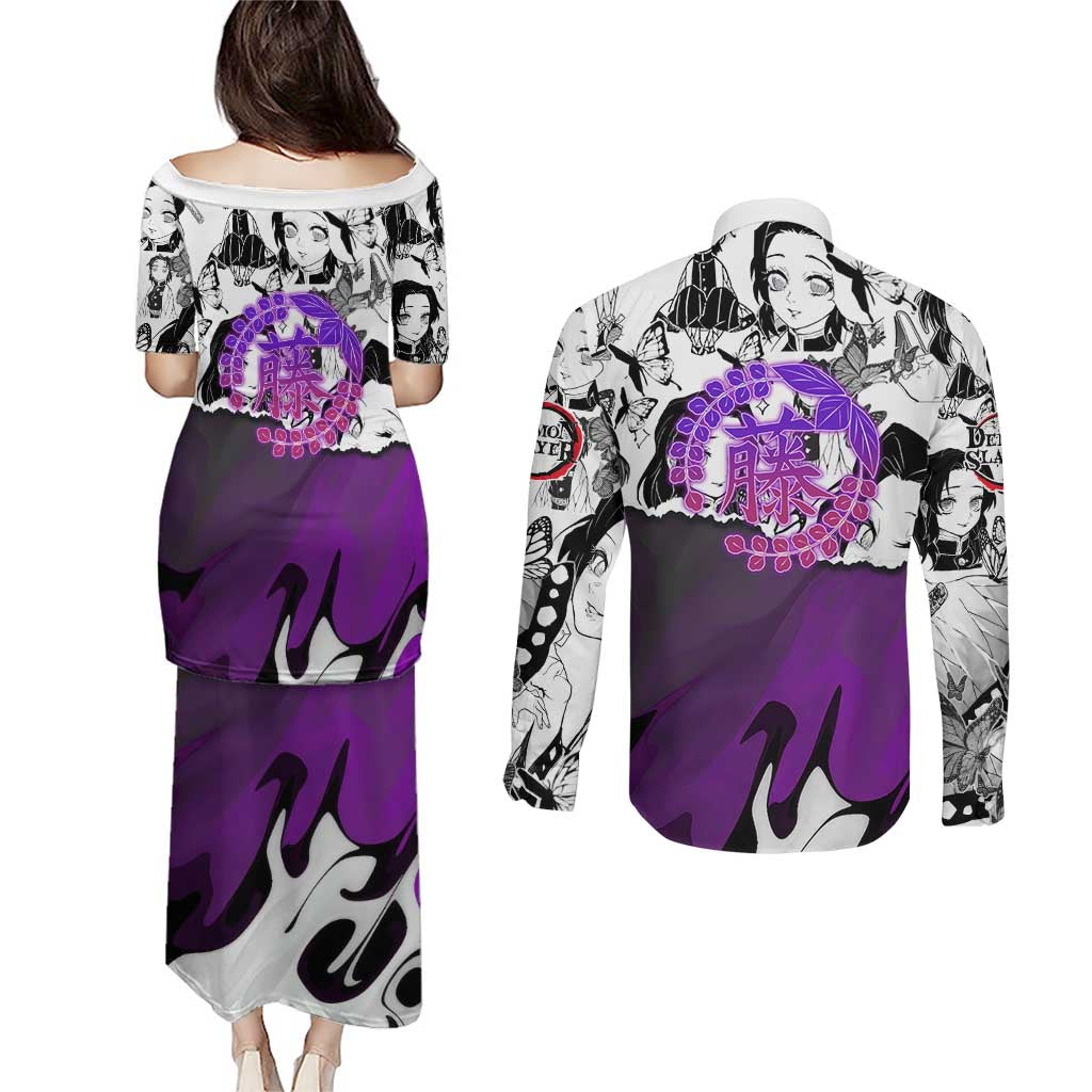 Shinobu Kocho Demon Slayer Butterfly Theme Couples Matching Puletasi and Long Sleeve Button Shirt with Purple Accents and Manga Collage Design - The Mazicc