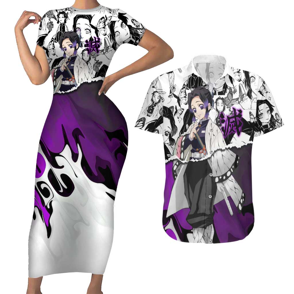 Shinobu Kocho Demon Slayer Butterfly Theme Couples Matching Short Sleeve Bodycon Dress and Hawaiian Shirt with Purple Accents and Manga Collage Design - The Mazicc