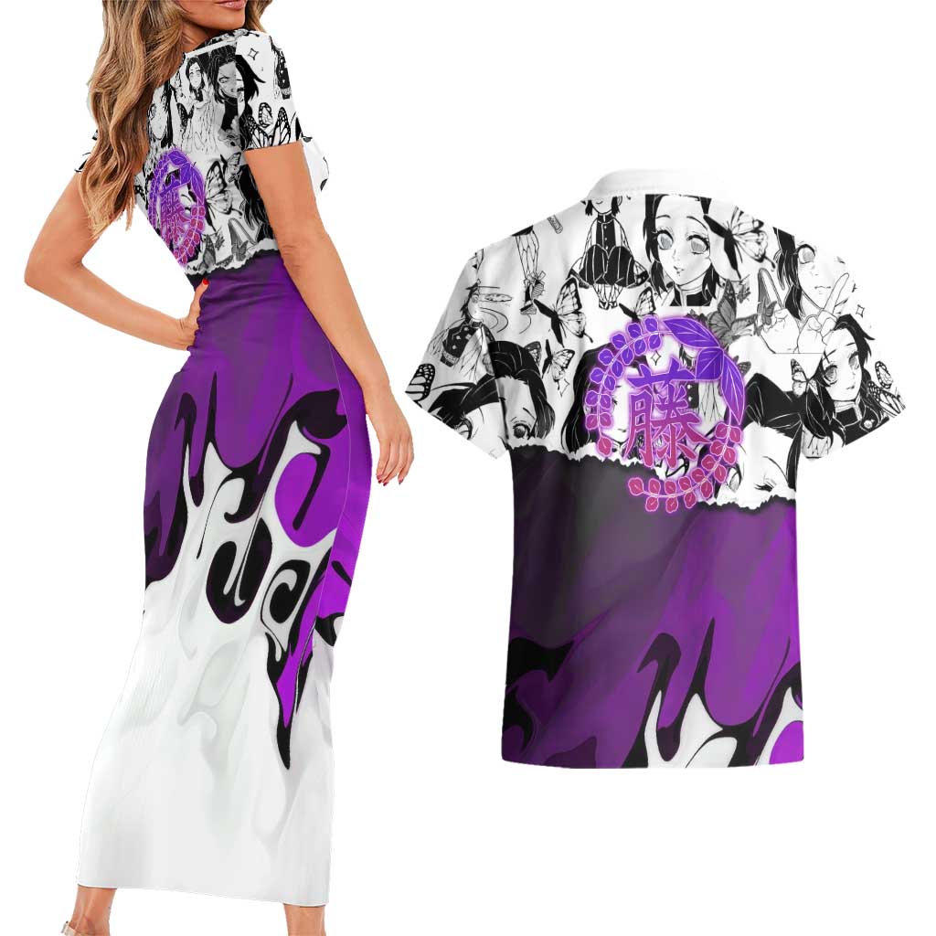 Shinobu Kocho Demon Slayer Butterfly Theme Couples Matching Short Sleeve Bodycon Dress and Hawaiian Shirt with Purple Accents and Manga Collage Design - The Mazicc