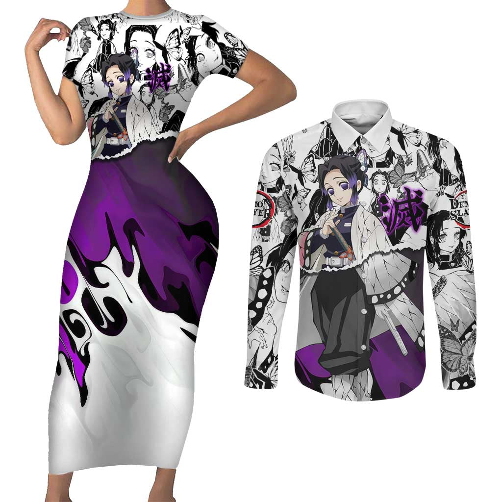 Shinobu Kocho Demon Slayer Butterfly Theme Couples Matching Short Sleeve Bodycon Dress and Long Sleeve Button Shirt with Purple Accents and Manga Collage Design - The Mazicc