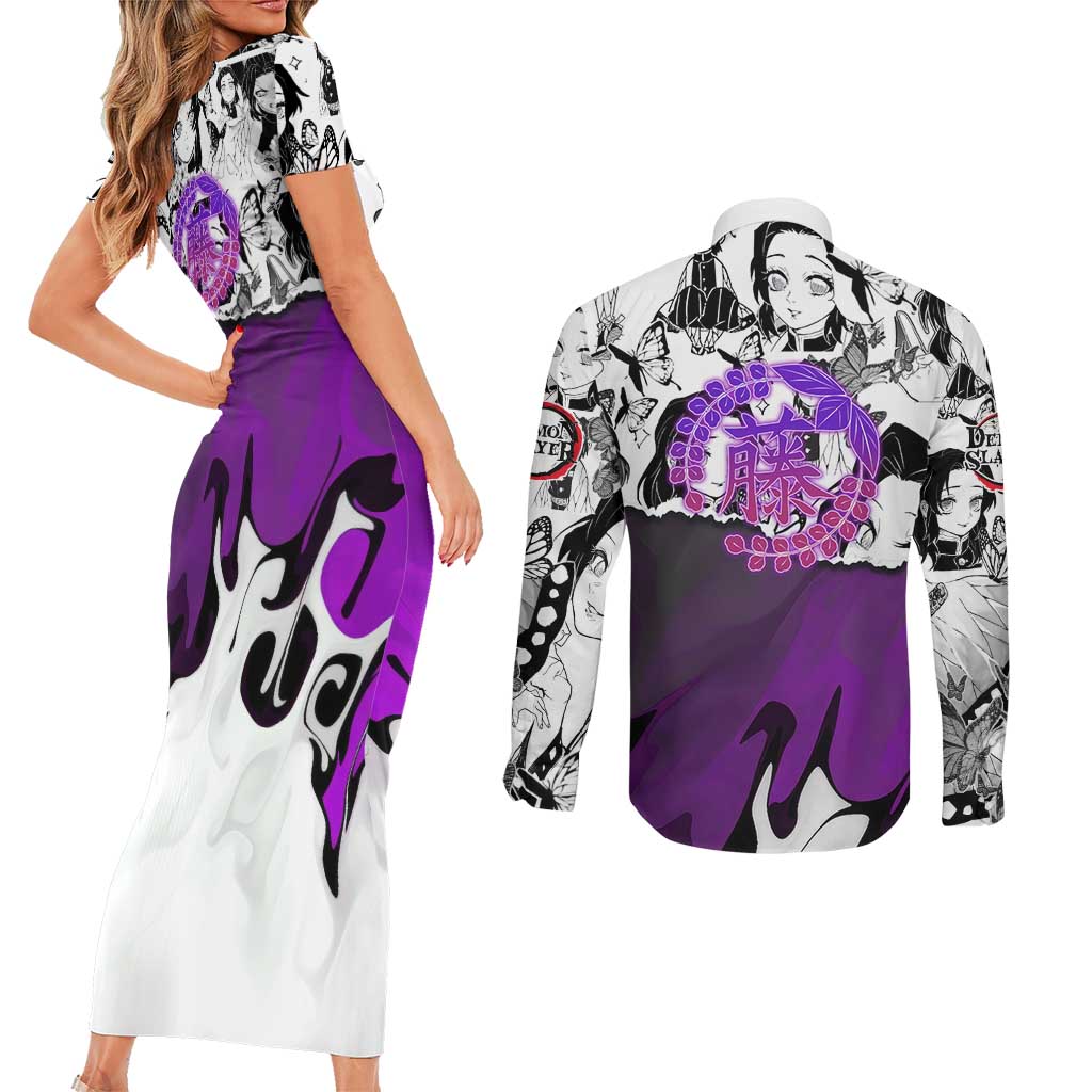 Shinobu Kocho Demon Slayer Butterfly Theme Couples Matching Short Sleeve Bodycon Dress and Long Sleeve Button Shirt with Purple Accents and Manga Collage Design - The Mazicc