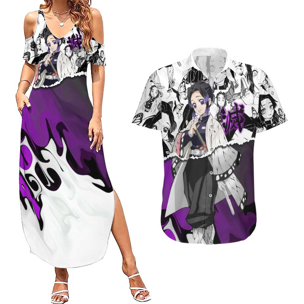 Shinobu Kocho Demon Slayer Butterfly Theme Couples Matching Summer Maxi Dress and Hawaiian Shirt with Purple Accents and Manga Collage Design - The Mazicc
