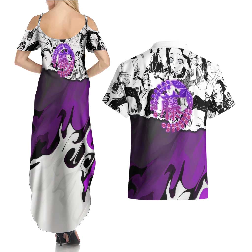Shinobu Kocho Demon Slayer Butterfly Theme Couples Matching Summer Maxi Dress and Hawaiian Shirt with Purple Accents and Manga Collage Design - The Mazicc